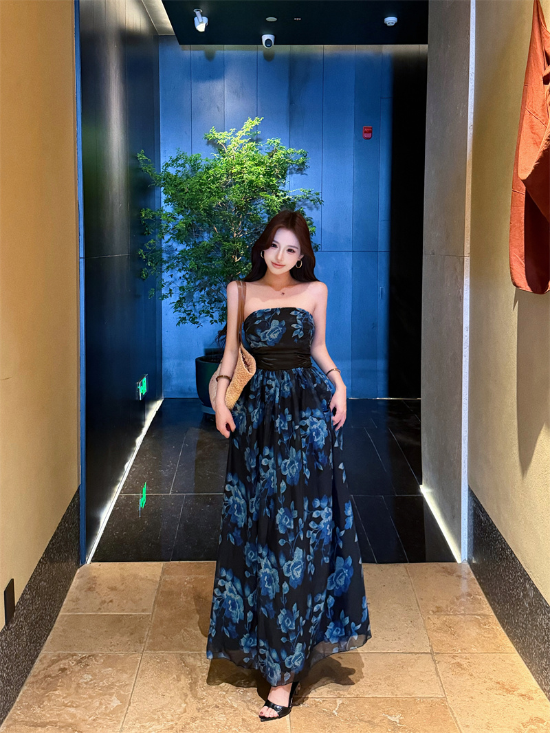 French Blue Floral Mesh Strapless Dress for Women Summer Beach Vacation A-Line Long Dress