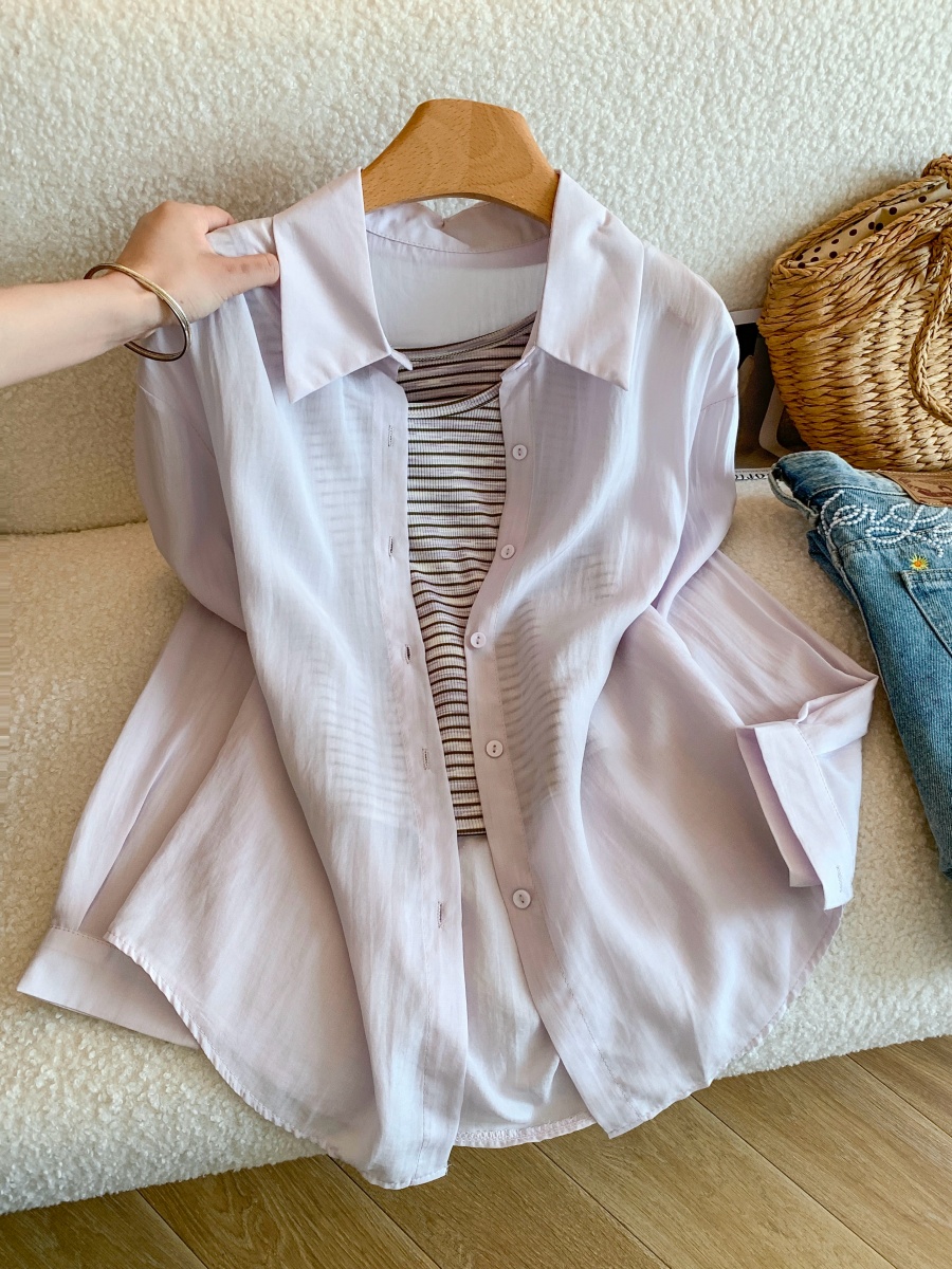 Lightweight Solid Color Sun Protection Summer Shirt Long Sleeve Loose Stylish Blouse with Striped Tank Top