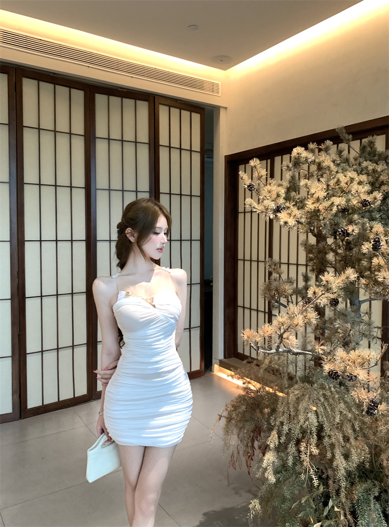 Summer Mesh Lace Metal Decor French Style Bodycon Dress