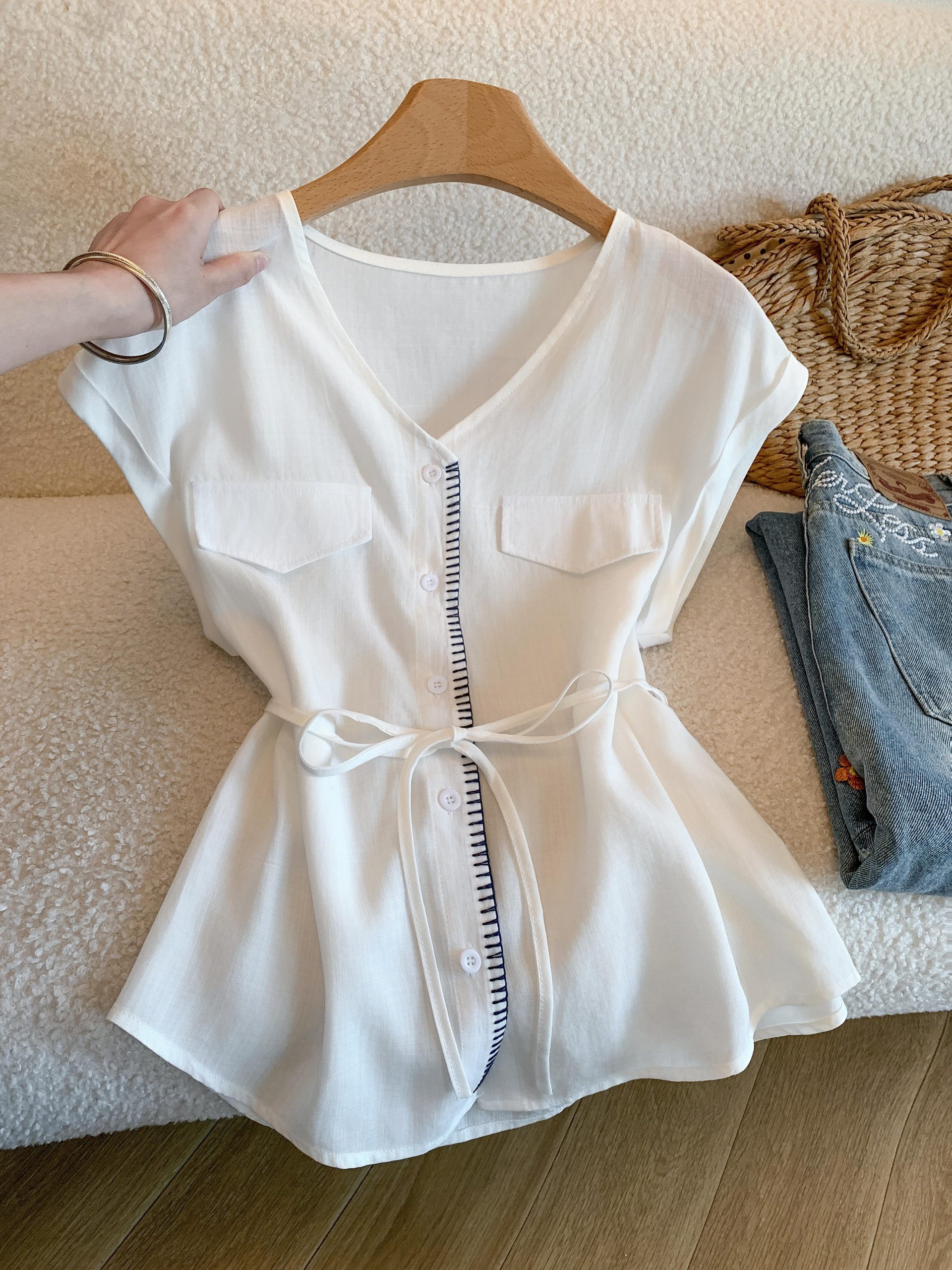 Korean V-Neck Tie-Waist Sleeveless Shirt Women Summer Loose Slimming Versatile - Image 2