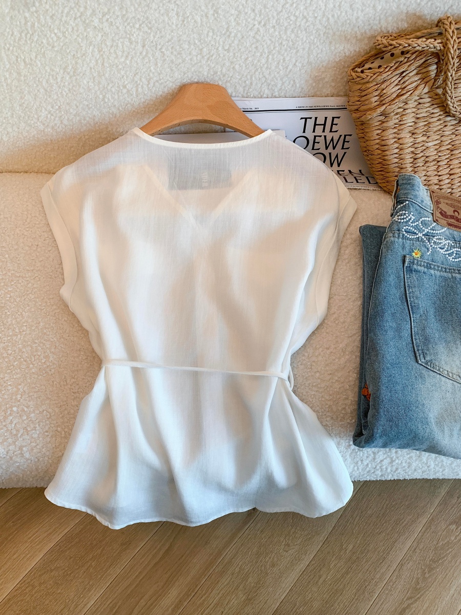 Korean V-Neck Tie-Waist Sleeveless Shirt Women Summer Loose Slimming Versatile - Image 4