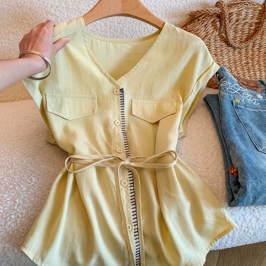 Korean V-Neck Tie-Waist Sleeveless Shirt Women Summer Loose Slimming Versatile - Image 5