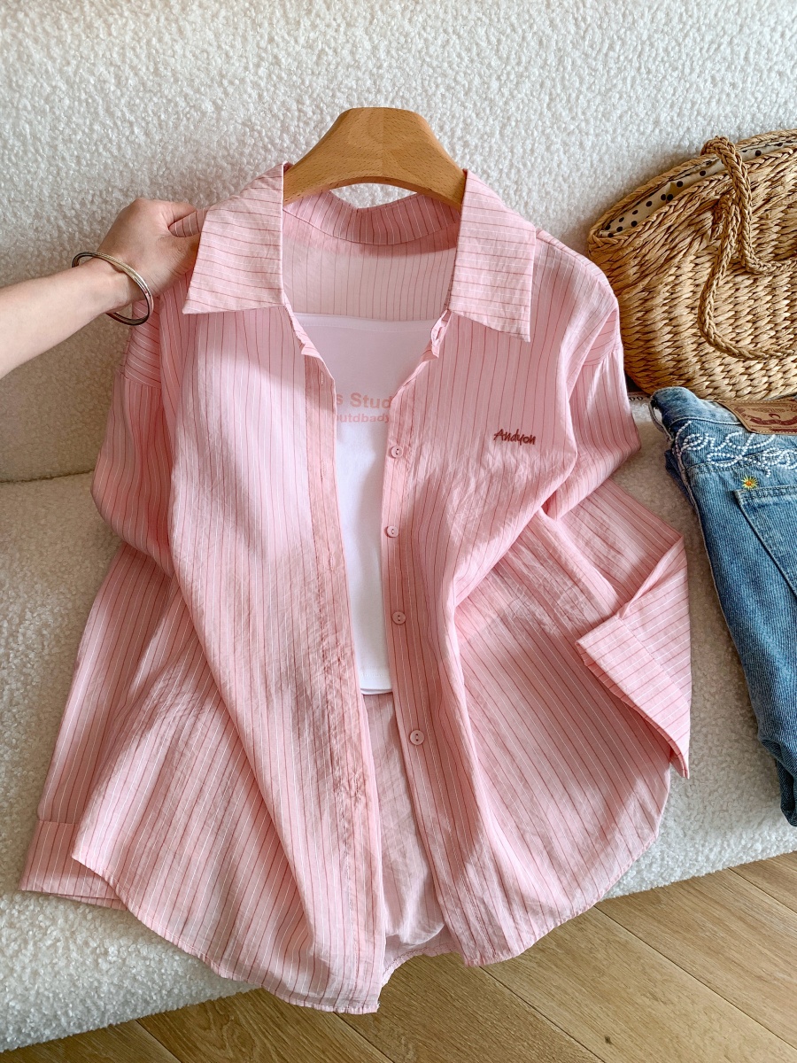 Women’s Summer Striped Embroidered Letter Shirt Loose Sun Protection Blouse – Style ca4ff1